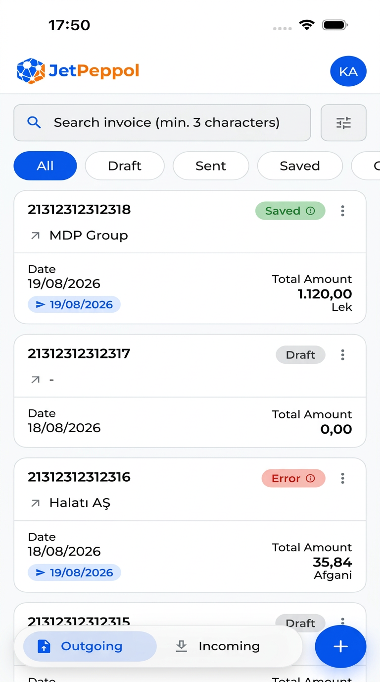 JetPeppol App mit Rechnungsliste auf dem Smartphone