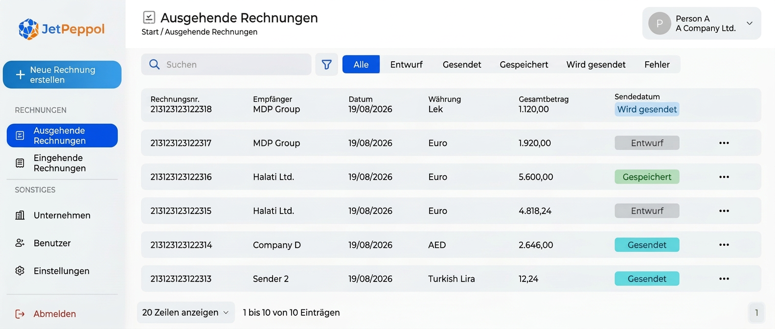 JetPeppol Portal mit ausgehenden Rechnungen